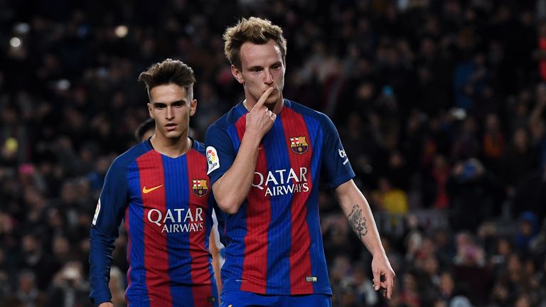 BARCELONA, SPAIN - DECEMBER 21:  Ivan Rakitic of FC Barcelona celebrates after scoring from the penalty spot his team's second goal during the Copa del Rey