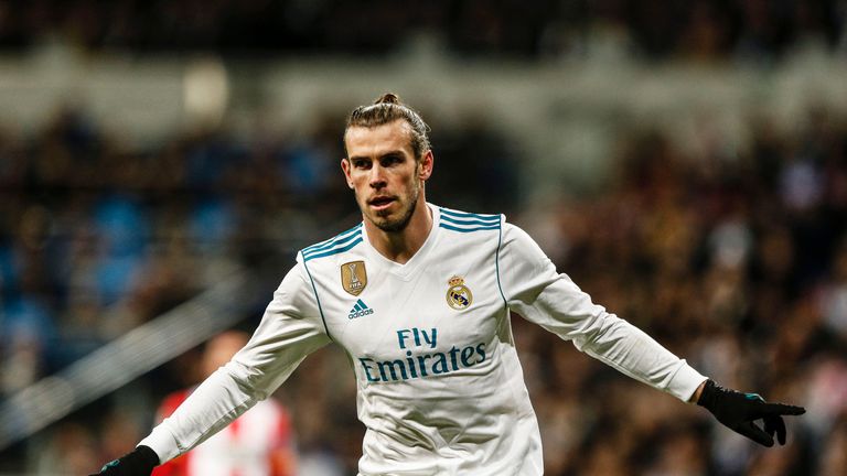 Gareth Bale celebrates his goal during the La Liga match between Real Madrid vs Girona FC at the Santiago Bernabeu