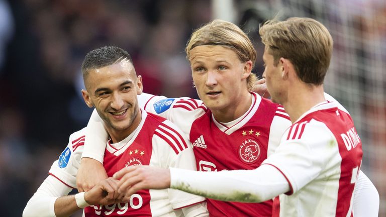 Hakim Ziyech, Kasper Dolberg and Frenkie de Jong of Ajax celebrate the 2-0 during the Dutch Eredivisie football match between Ajax Amsterdam and Feyenoord Rotterdam,