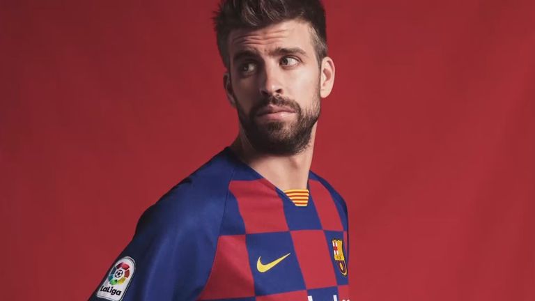 Gerard Pique wearing Barcelona's 2019/20 season kit.