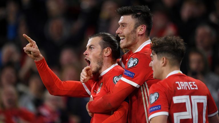 CARDIFF, WALES - OCTOBER 13: Gareth Bale of Wales celebrates scoring his team's first goal during the UEFA Euro 2020 qualifier between Wales and Croatia at Cardiff City Stadium on October 13, 2019 in Cardiff, Wales. (Photo by Harry Trump/Getty Images)