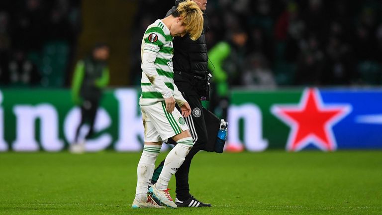 Kyogo Furuhashi was forced off with what looked like a hamstring injury
