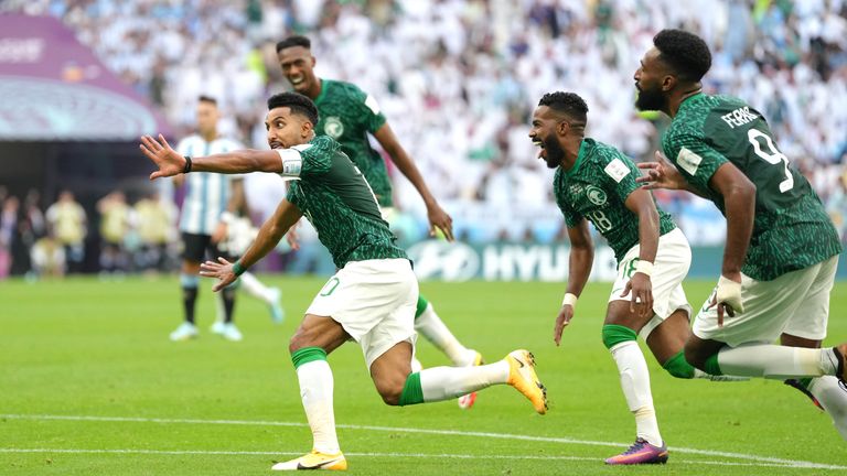 Saudi Arabia's Salem Al-Dawsari celebrates scoring their side's second goal of the game