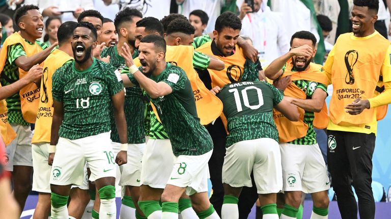 Saudi Arabia goalscorer Salem Aldawsari (10) and his team-mates celebrate after going ahead