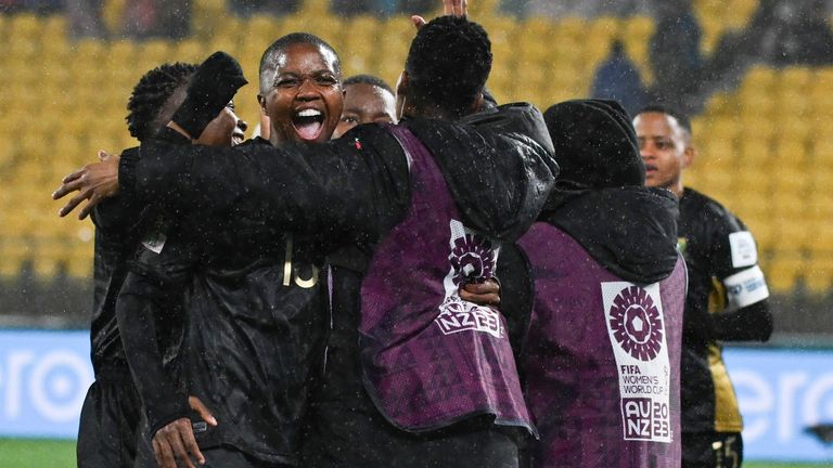 South African players celebrate after their first goal during the Women's World Cup Group G soccer match between Sweden and South Africa in Wellington, New Zealand, Sunday, July 23, 2023. (AP Photo/Andrew Cornaga)