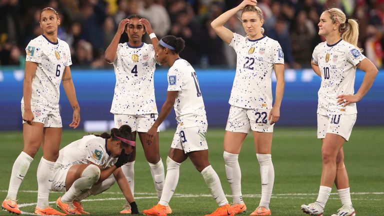 United States' players react after losing their Women's World Cup round of 16 soccer match against Sweden in a penalty shootout in Melbourne, Australia, Sunday, Aug. 6, 2023. (AP Photo/Hamish Blair)