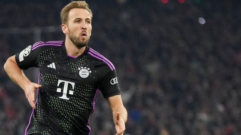 Bayern's Harry Kane celebrates after scoring the opening goal during the Champions League group A soccer match between Bayer Munich and Galatasaray at the Allianz Arena stadium in Munich, Germany, Wednesday, Nov. 8, 2023. (AP Photo/Matthias Schrader)