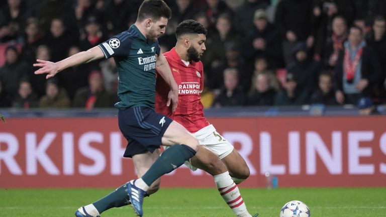 Declan Rice came on at centre-back in Arsenal's draw with PSV