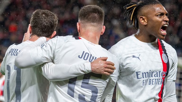 AC Milan's Rafael Leao, right, AC Milan's Luka Jovic, center, and AC Milan's Christian Pulisic, right, celebrate a goal against Rennes during the Europa League soccer match between Rennes and AC Milan at the Roazhon Park stadium in Rennes, western France, Thursday, Feb. 22, 2024. (AP Photo/Mathieu Pattier)