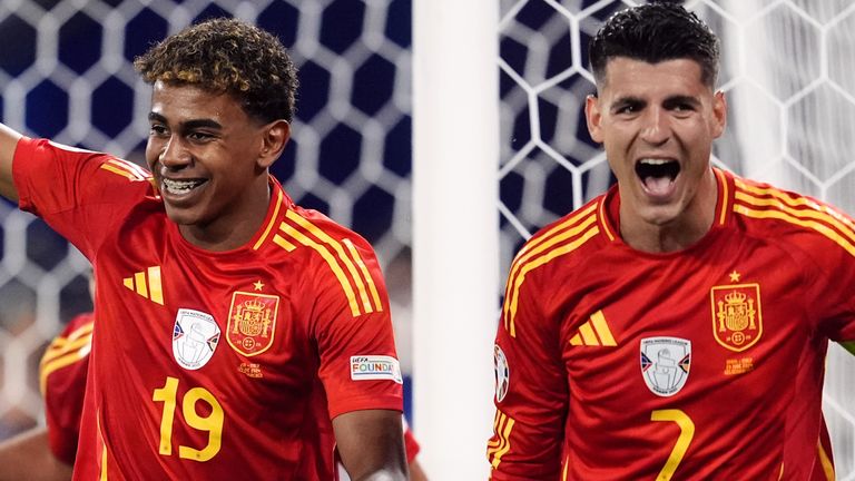 Lamine Yamal (left) and Alvaro Morata celebrate Spain's goal
