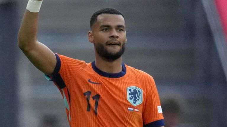 Cody Gakpo celebrates after equalising for the Netherlands against Austria
