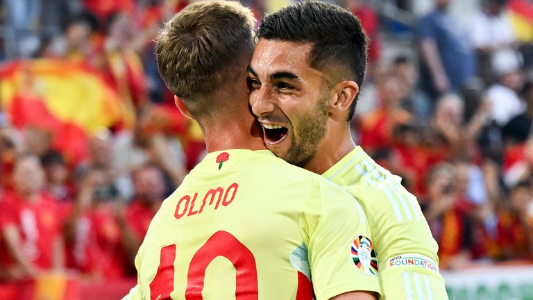 Ferran Torres celebrates with Dani Olmo after scoring for Spain against Albania at Euro 2024