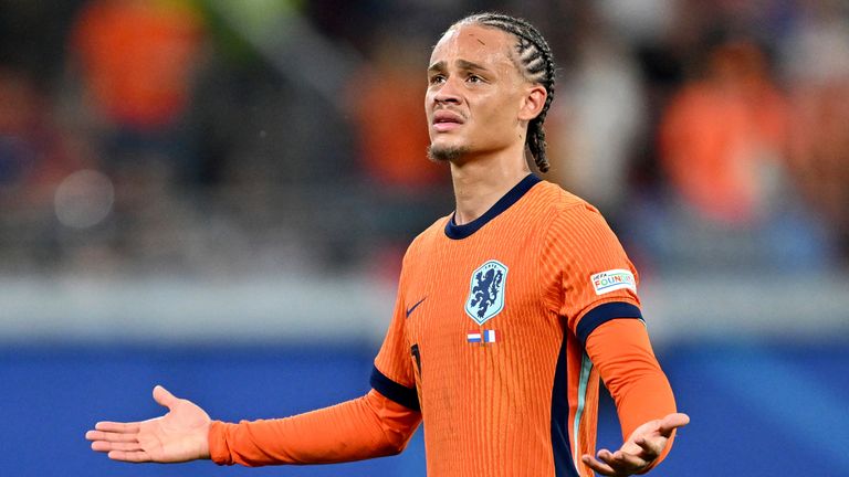 21 June 2024, Saxony, Leipzig: Soccer, UEFA Euro 2024, European Championship, Netherlands - France, Preliminary round, Group D, Matchday 2, Leipzig Stadion, Xavi Simons of the Netherlands reacts after his goal is disallowed.