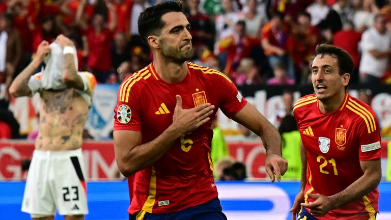 Spain's midfielder #06 Mikel Merino celebrates scoring his team's second goal during the UEFA Euro 2024 quarter-final football match between Spain and Germany at the Stuttgart Arena in Stuttgart on July 5, 2024. (Photo by Tobias SCHWARZ / AFP)