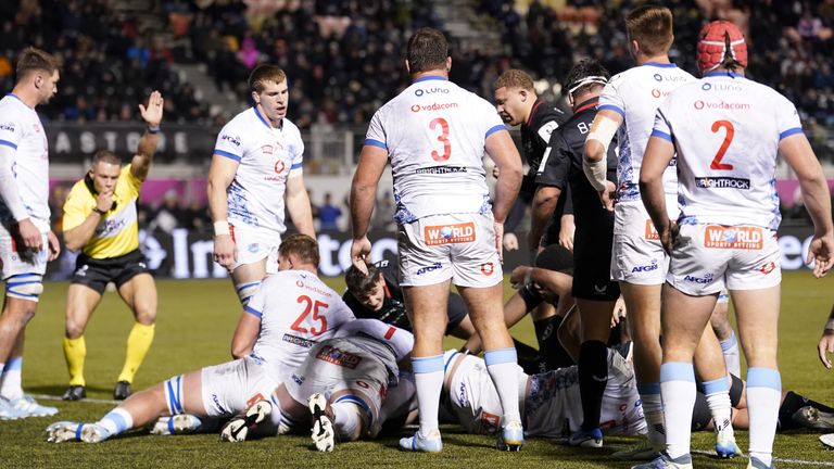  Saracens' Rhys Carre (obscured) goes over for a try during the Investec Champions Cup match at the StoneX Stadium, London. Picture date: Saturday December 7, 2024.
