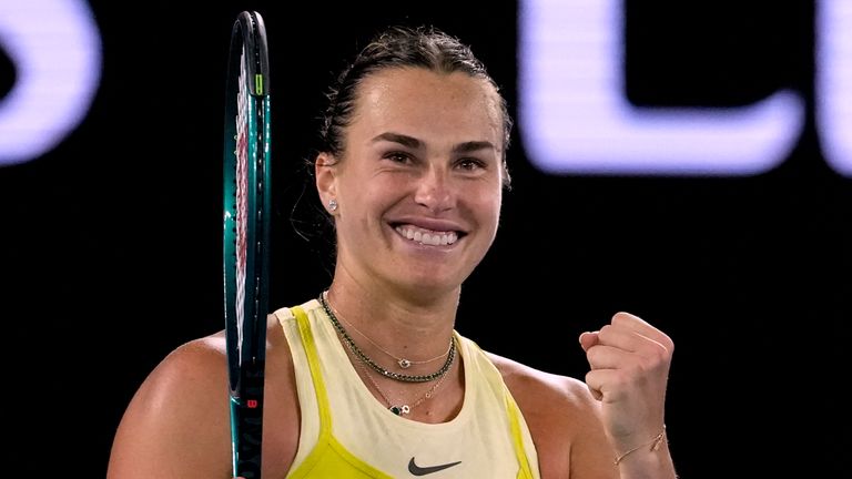 Aryna Sabalenka of Belarus celebrates after defeating Anastasia Pavlyuchenkova of Russia in their quarterfinal match at the Australian Open tennis championship in Melbourne, Australia, Tuesday, Jan. 21, 2025. (AP Photo/Manish Swarup)