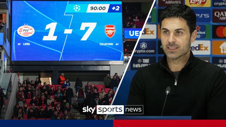 Arsenal manager Mikel Arteta gives his reaction to his side&#39;s history making away win against PSV as the Gunners went on to win 7-1 in the first leg of the last 16 of the Champions League. 