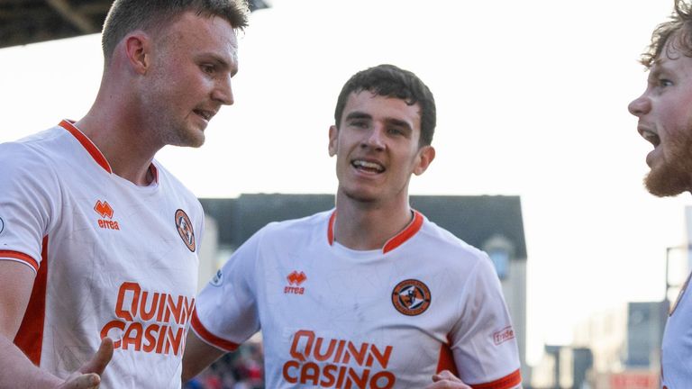 ABERDEEN, SCOTLAND - MARCH 02: Dundee United's Sam Dalby celebrates after scoring to make it 2-0 during a William Hill Premiership match between Aberdeen and Dundee United at Pittodrie Stadium, on March 02, 2025, in Aberdeen, Scotland.  (Photo by Ross Parker / SNS Group)
