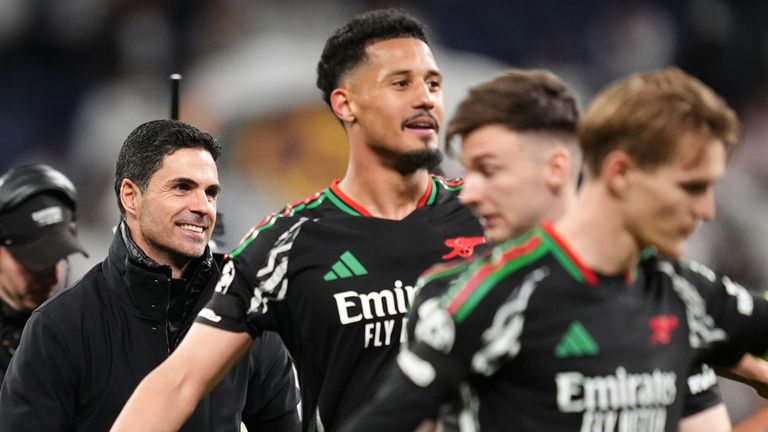 Mikel Arteta celebrates after Arsenal's Champions League triumph at Real Madrid