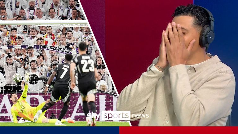 Jay Bothroyd reacts to Arsenal&#39;s early penalty in their vital clash against Real Madrid in the second leg of the quarter-final in the Champions League.