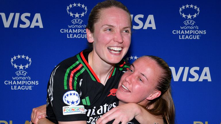 DECINES-CHARPIEU, FRANCE - APRIL 27: Kim Little of Arsenal celebrates with team mate Beth Mead while holding the UEFA Women's Champions League VISA Player of the match award following the UEFA Women's Champions League semifinal second leg match between Olympique Lyonnais and Arsenal WFC at OL Stadium on April 27, 2025 in Decines-Charpieu, France. (Photo by Franco Arland - UEFA/UEFA via Getty Images)