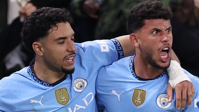 MANCHESTER, ENGLAND - APRIL 22: Matheus Nunes of Manchester City celebrates after scoring their side's second goal during the Premier League match between Manchester City FC and Aston Villa FC at Etihad Stadium on April 22, 2025 in Manchester, England. (Photo by Alex Livesey - Danehouse/Getty Images)