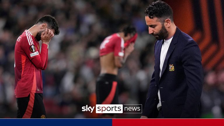 Tottenham's head coach Ange Postecoglou and Manchester United's head coach Ruben Amorim during the Europa League final soccer match between Tottenham Hotspur and Manchester United at the San Mames Stadium in Bilbao, Spain, Wednesday, May 21, 2025.