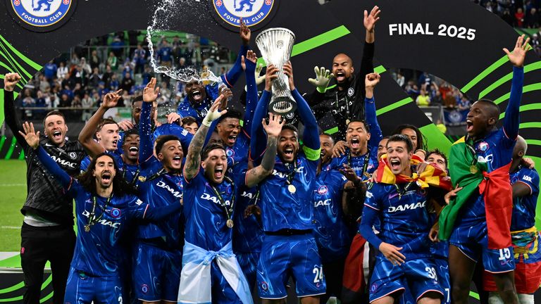 Chelsea's Reece James lifts the trophy after the Europa Conference League final soccer match between Real Betis and Chelsea in Wroclaw, Poland, Wednesday, May 28, 2025. (AP Photo/Denes Erdos)