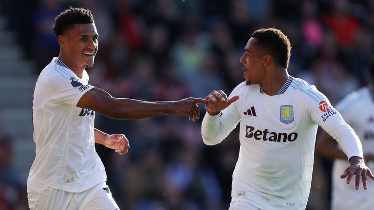 Ollie Watkins celebrates scoring Villa's opener with Jacob Ramsey
