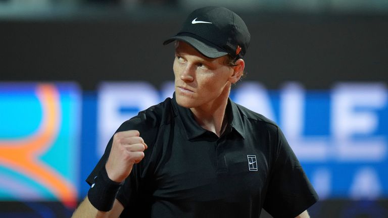 Italy's Jannik Sinner reacts after scoring a point against Argentina's Mariano Navone during a second round match at the Italian Open tennis tournament in Rome, Saturday, May 10, 2025. (AP Photo/Andrew Medichini)