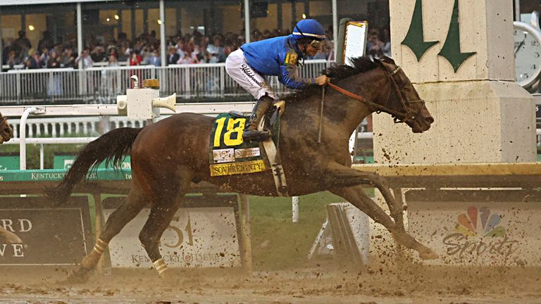 Sovereignty, with jockey Junior Alvarado aboard, wins the 151st running of the Kentucky Derby on May 3, 2025, at Churchill Downs in Louisville. (Photo by Jeff Moreland/Icon Sportswire) (Icon Sportswire via AP Images)