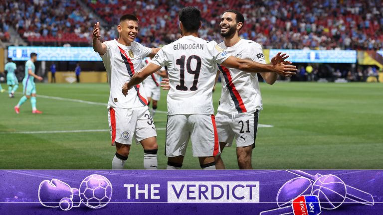 ATLANTA, GA - JUNE 22: Manchester City celebrates their goal during the FIFA Club World Cup game between Manchester City and Al Ain FC on Sunday June 22, 2025 at the Mercedes Benz Stadium in Atlanta, Georgia. (Photo by David J. Griffin/Icon Sportswire) (Icon Sportswire via AP Images)


