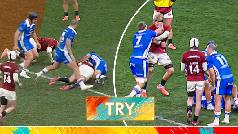 Henry Pollock gets into it after Elliot Daly scores try for Lions. 
