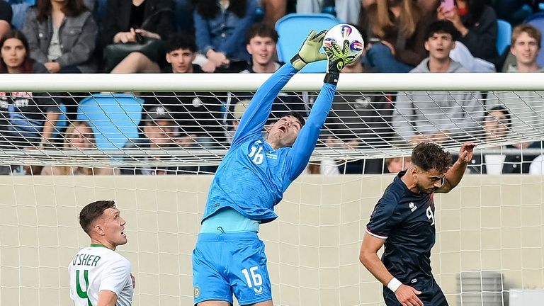 Republic of Ireland goalkeeper Max O'Leary makes a save during the international friendly match against Luxembourg