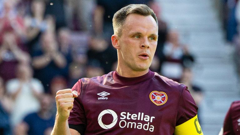 EDINBURGH, SCOTLAND - MAY 10: Hearts' Lawrence Shankland celebrates scoring to make it 2-0 during a William Hill Premiership match between Heart of Midlothian and Motherwell at Tynecastle Park, on May 10, 2025, in Edinburgh, Scotland. (Photo by Mark Scates / SNS Group)