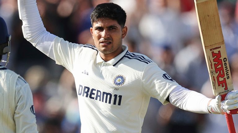 India Test captain Shubman Gill celebrates his century at Edgbaston in July 2025 (Associated Press)